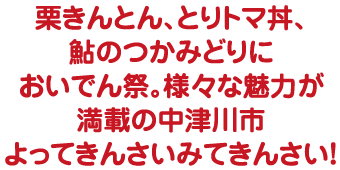 栗きんとん、とりトマ丼、鮎のつかみどりにおいでん祭。様々な魅力が満載の中津川市よってきんさいみてきんさい！